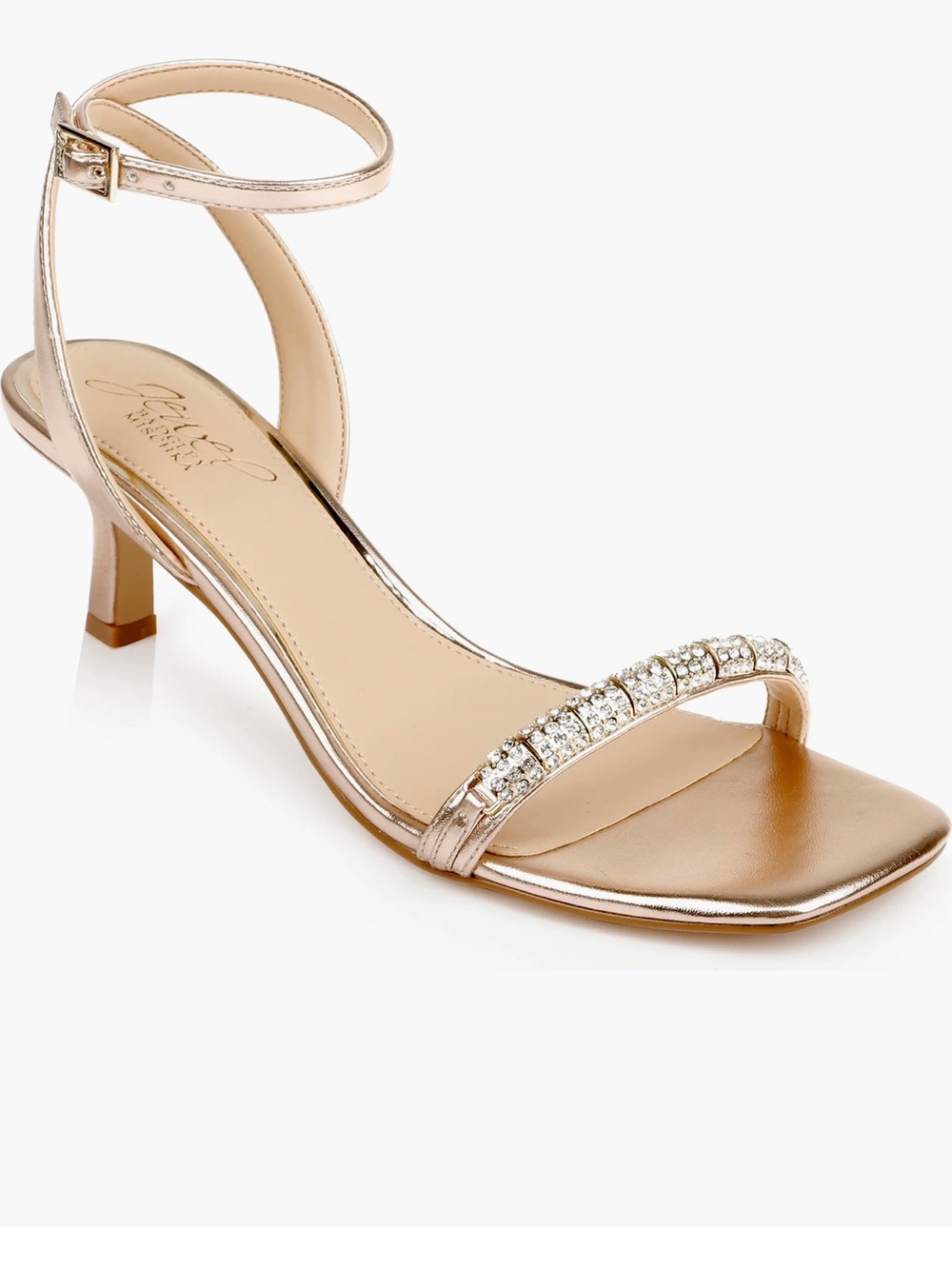 Jewel Badgley Mischka Metallic Rose Gold Crystal-Strap Kitten Heel Sandal